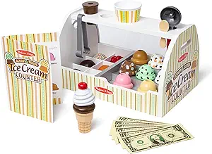 Melissa & Doug Wooden Scoop and Serve Ice Cream Counter (28 pcs) - Play Food and Accessories