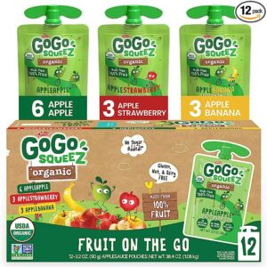 GoGo squeeZ Fruit on the Go Organic Variety Pack, Apple, Strawberry & Banana, 3.2 oz (Pack of 12), Unsweetened Organic Snacks for Kids